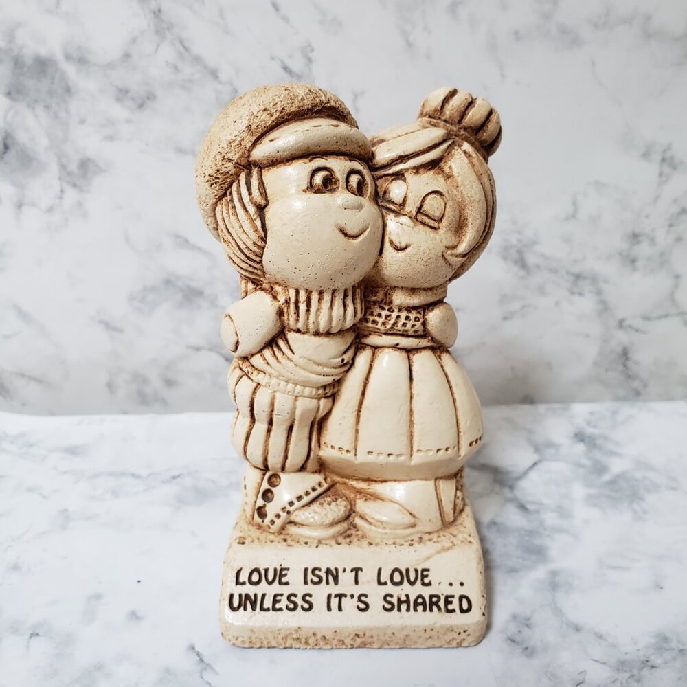 Carved Wooden statue 70's Vintage Says Love isn't love unless its shared